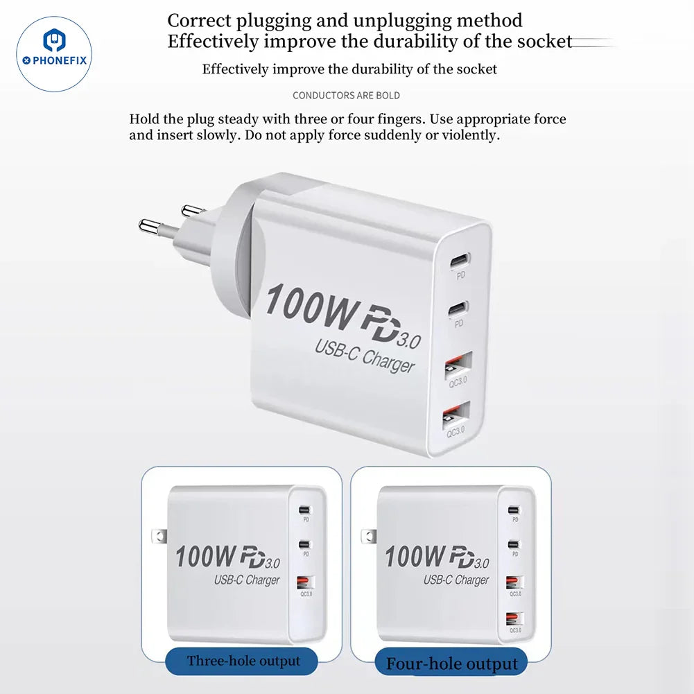 Chargeur PhoneFIX GaN PD 100 W avec prise convertible pour recharger téléphones et ordinateurs portables via USB, design compact et efficace