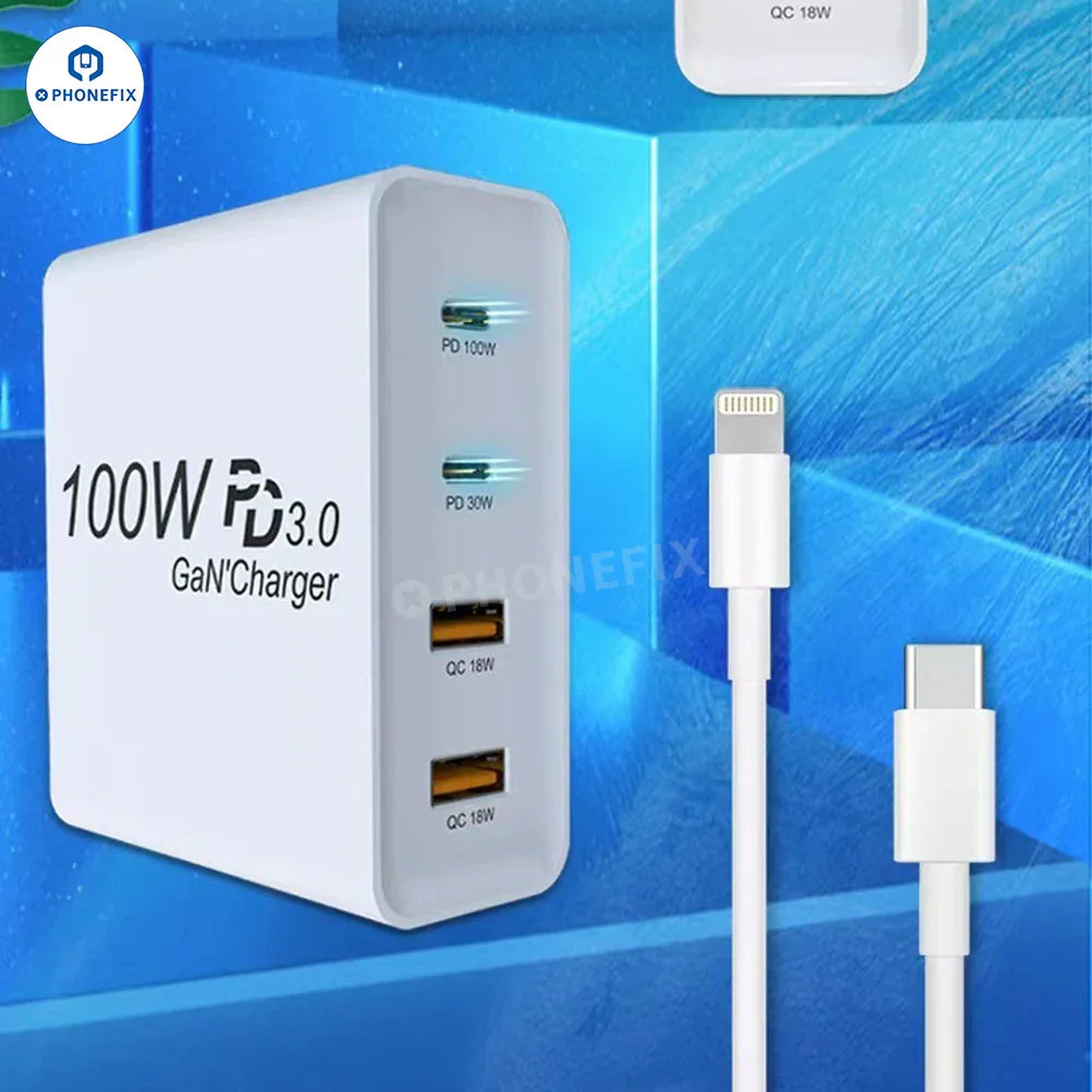 PHONEFIX GaN PD-100W charger with convertible plug, USB-C port for fast charging laptops and mobile phones.