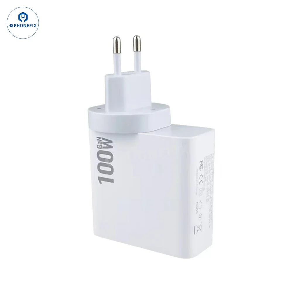 Chargeur PHONEFIX GaN PD-100W avec prise convertible pour ordinateurs portables et téléphones portables, port de charge USB-C, compact et polyvalent.
