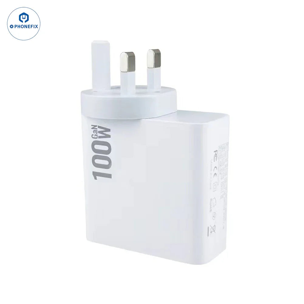 Chargeur PHONEFIX GaN PD-100W avec prise convertible pour ordinateurs portables et téléphones portables, port de chargement USB pour téléphone et conception compacte.
