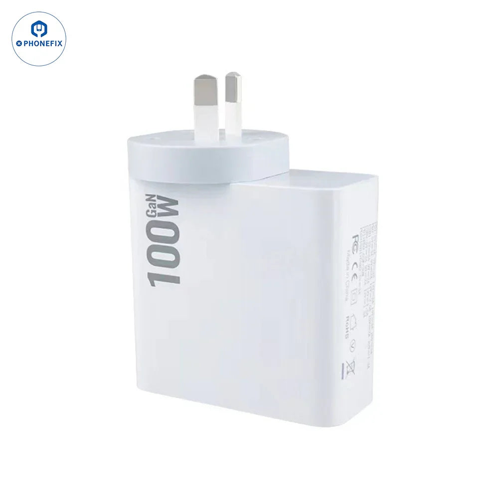 Chargeur PHONEFIX GaN PD-100W avec prise convertible pour une charge USB rapide des téléphones et des ordinateurs portables, adaptateur secteur compact et polyvalent.