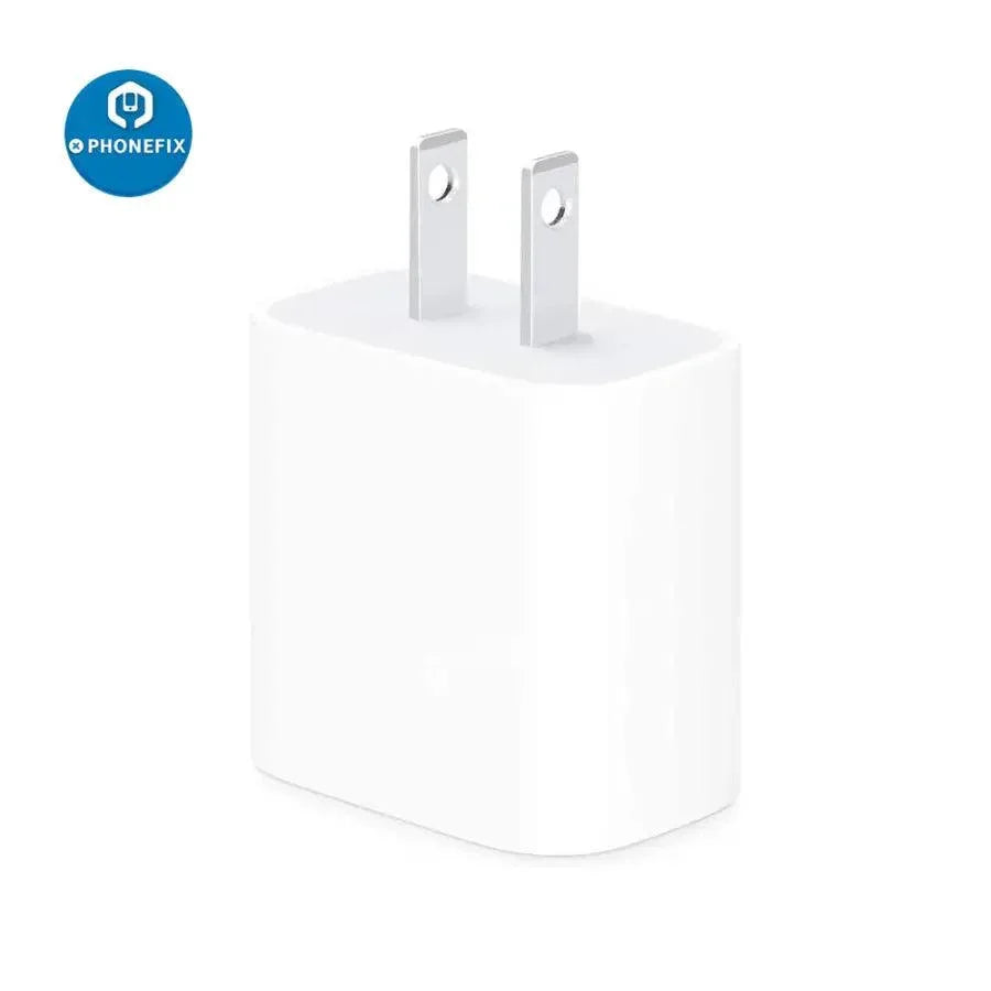 Apple 20W USB-C charger with EU UK US adapters for iPhone, iPod, and iPad, suitable for fast charging devices.