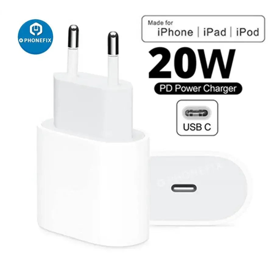 Apple 20W USB-C charger adapter for iPhone, iPod, iPad, with US, EU, UK plug options, by PHONEFIX.