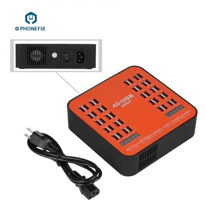 Station de charge multiport USB PHONEFIX avec 40 ports, une puissance de 200 W et 40 A pour une charge de téléphone efficace.
