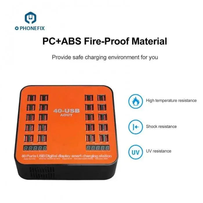 Station de charge multiport USB PHONEFIX avec 40 ports, une puissance de 200 W et 40 A pour une charge USB efficace des téléphones.