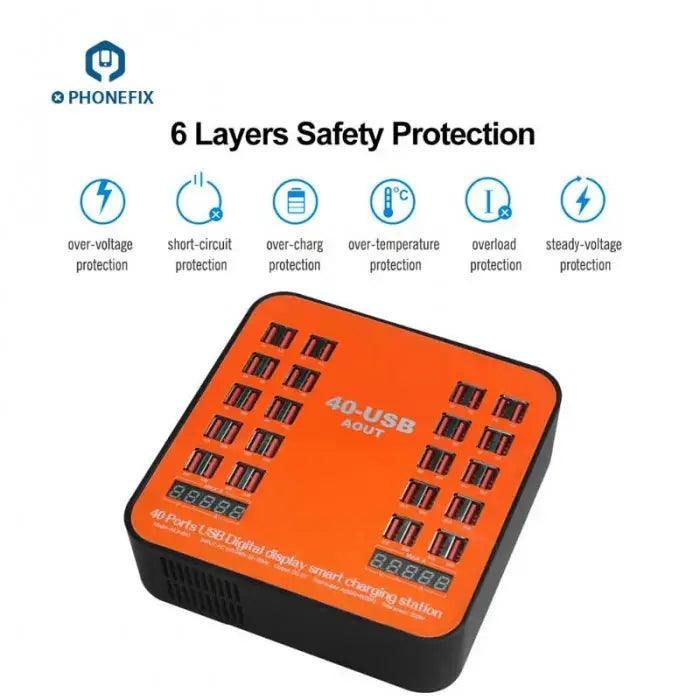 Station de charge multiport USB PHONEFIX avec 40 ports, une puissance de 200 W et une capacité de 40 A pour la charge des téléphones et autres appareils.