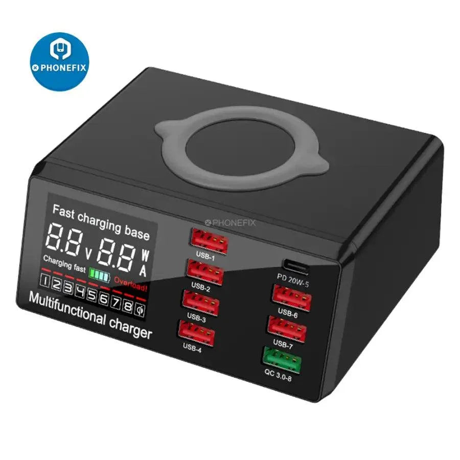 PHONEFIX 8-port USB charging station with wireless charging and 100W power, designed for fast phone and device charging.