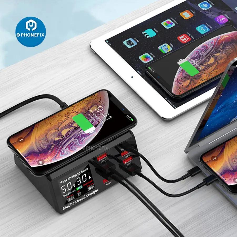 PHONEFIX 8-port USB fast charging station with wireless 100W for phones, featuring multiple ports and sleek design.