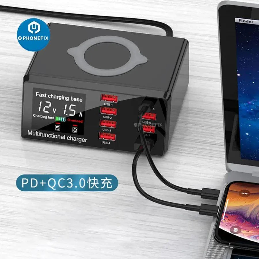 PHONEFIX 8-port USB charging station with wireless 100W fast charging for phones and devices, shown with multiple cables connected.