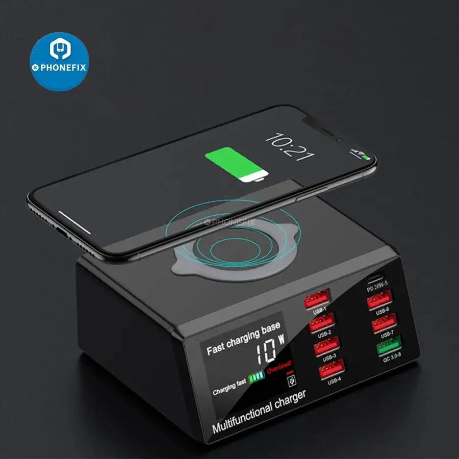 PHONEFIX 8-port USB charging station with wireless 100W, fast phone USB charger for multiple devices and wireless charging.