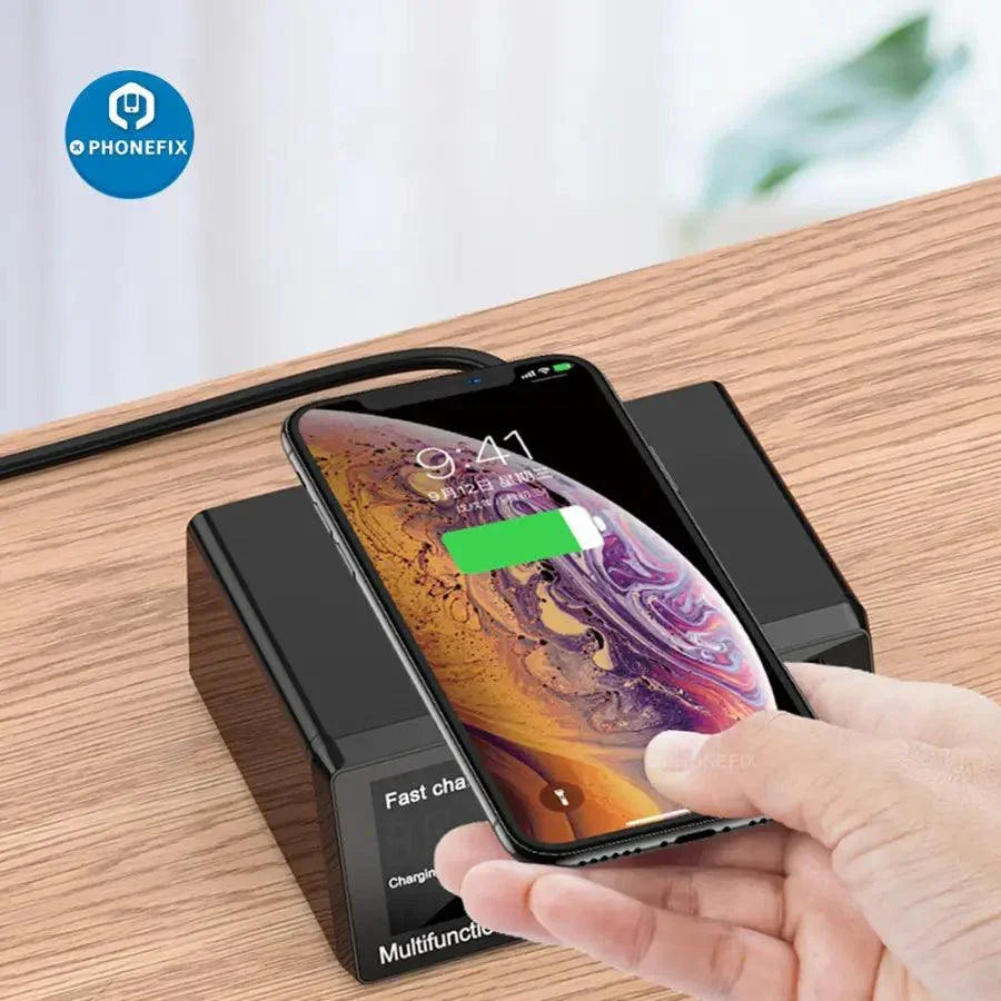 PHONEFIX multifunction 8-port USB charging station with wireless 100W fast charging for phones and devices, compact and versatile.