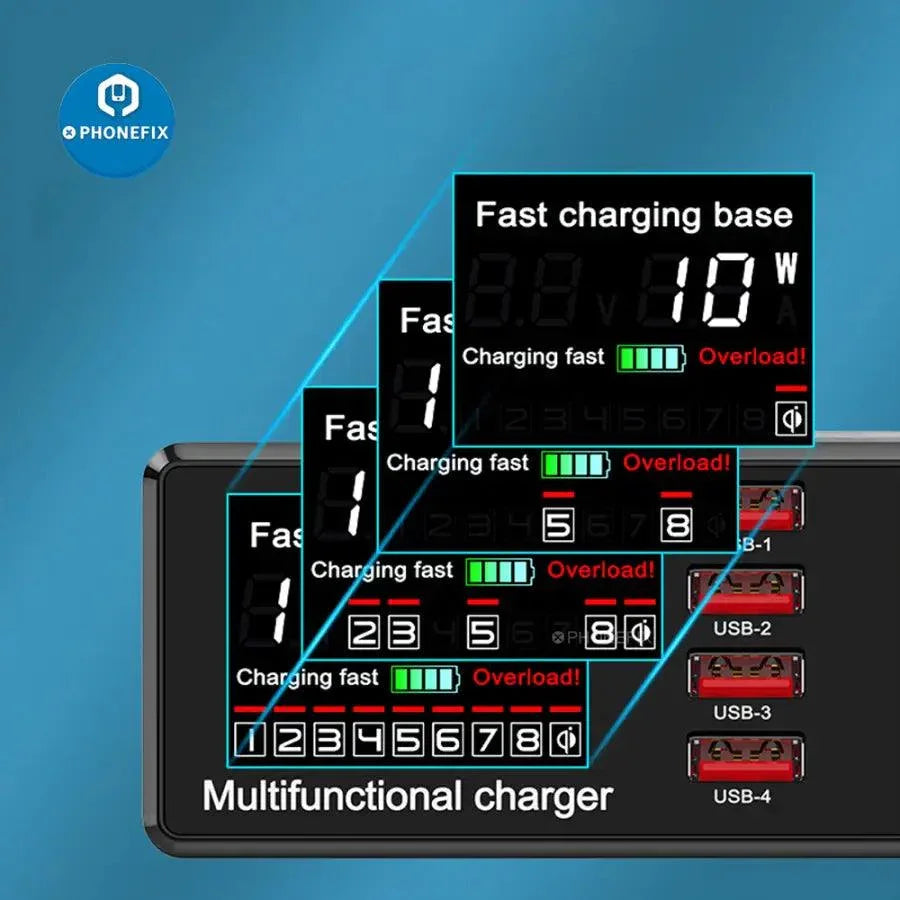 PHONEFIX 8-port USB fast charging station with wireless charging and 100W power for phones and devices, connected with multiple cables.