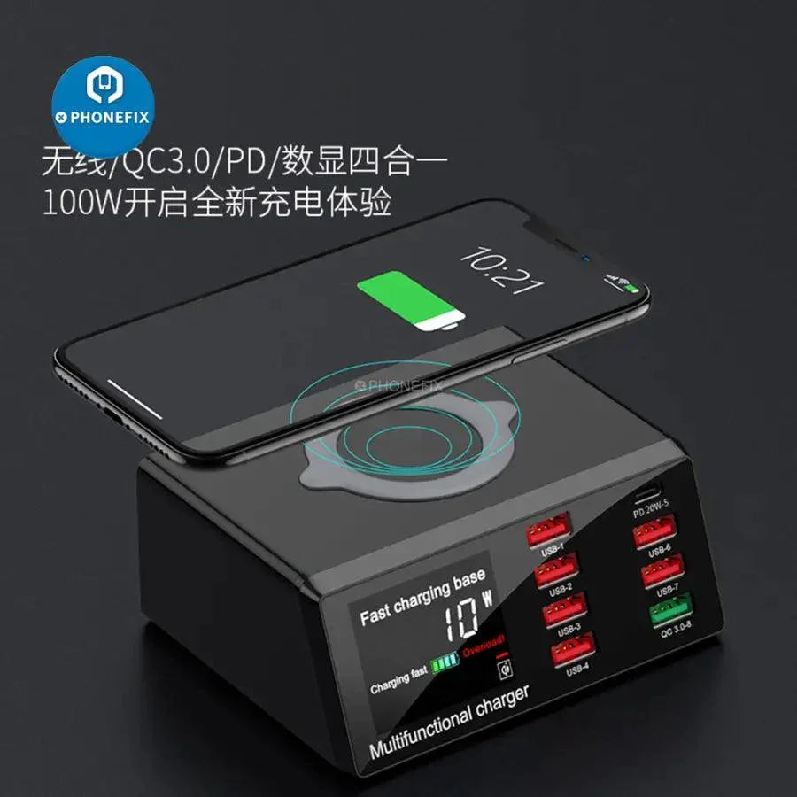PHONEFIX 8-port USB fast charging station with wireless 100W, designed for phone USB charging and multiple device power.