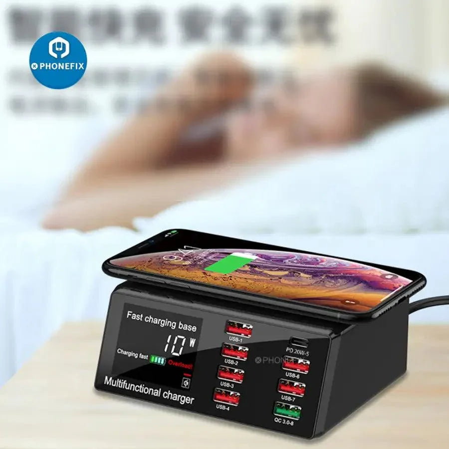 PHONEFIX 8-port USB charging station with wireless 100W, designed for fast phone charging and multiple device connections.