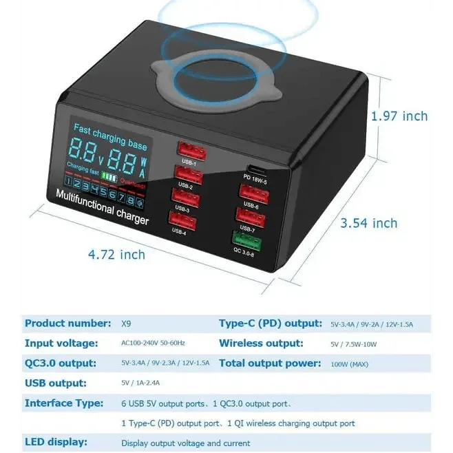 PHONEFIX 8-port USB charging station with wireless 100W fast charging, designed for phones and electronic devices.