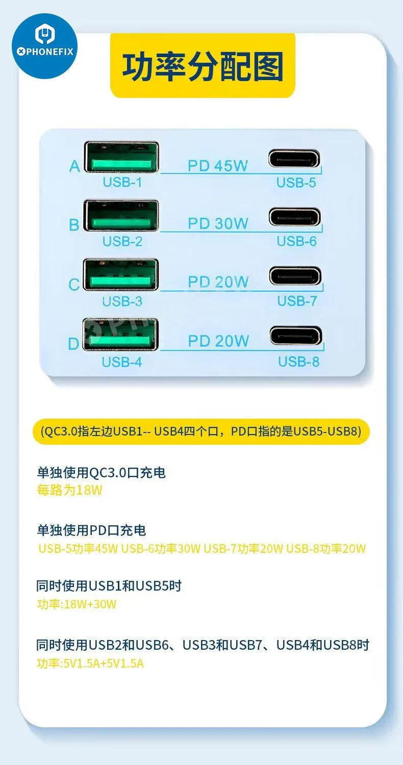 PHONEFIX multifunction 8-port USB charging station with wireless 100W fast charging for phones and devices.