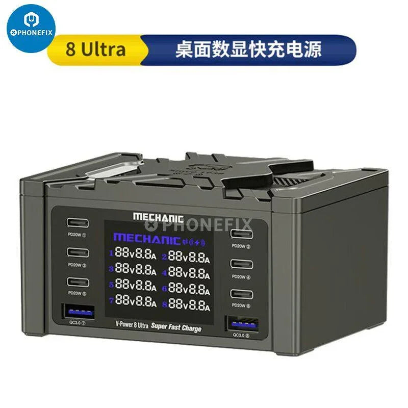 PHONEFIX wireless QC3.0 charging dock with 8 USB ports, LCD display, and fast charging for phones.