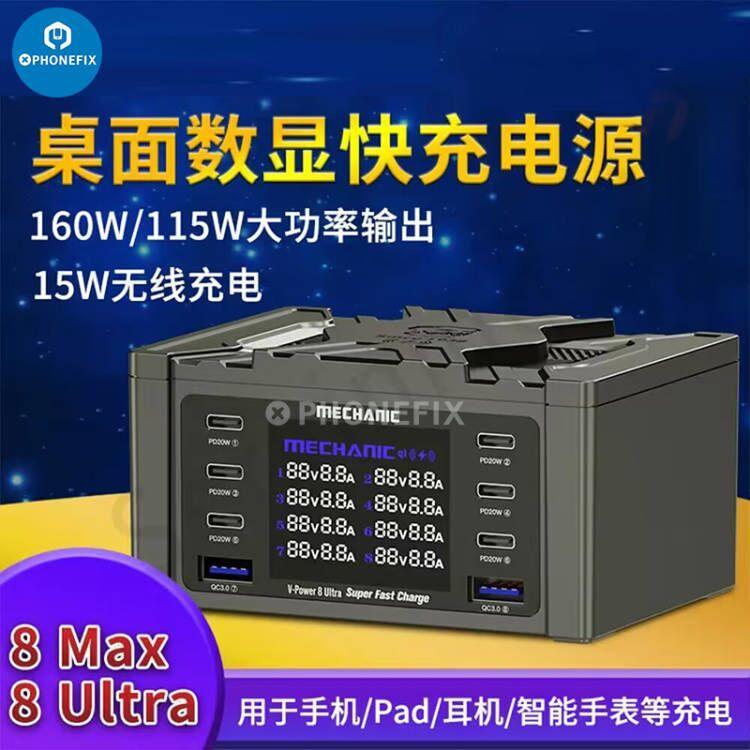 PhoneFIX mechanic wireless QC3.0 charging dock with 8 USB ports and LCD display for fast phone charging.