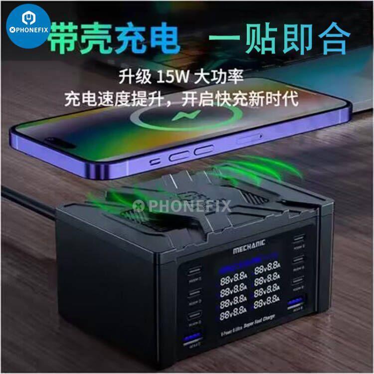 PHONEFIX Mechanic Wireless QC3.0 8-Port USB Charging Dock with LCD display for fast phone charging and device management.
