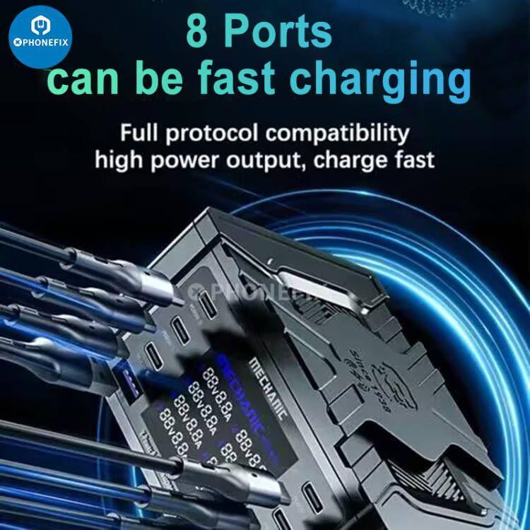 PhoneFIX Mechanic wireless QC3.0 charging dock with 8 USB ports and LCD display for fast phone charging.