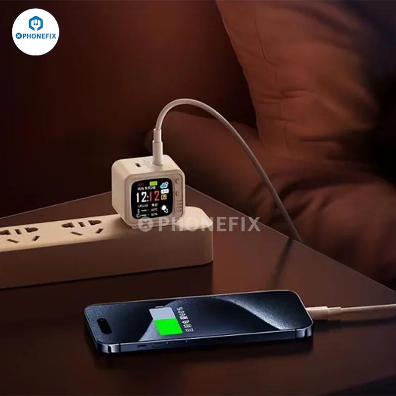 Remax Panda Smart TV 35W GaN dual port PD fast charger for phones, with PHONEFIX branding, shown plugged into a device