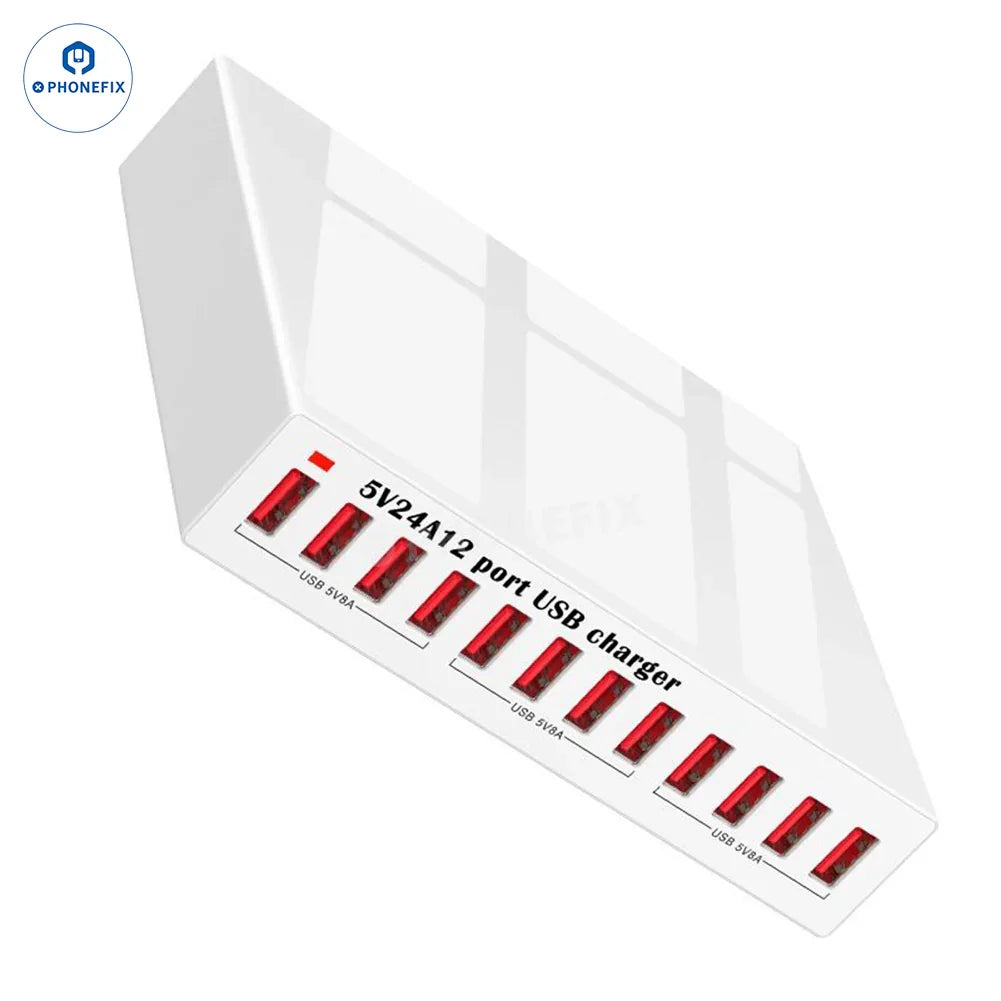 PHONEFIX 150W 12-port USB charger with multiple ports for fast charging iPhones and iPads, shown with connected devices.