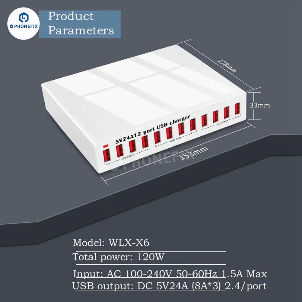PhoneFIX 150W 12-port USB charger station with multiple iPhone and iPad charging ports for fast charging.