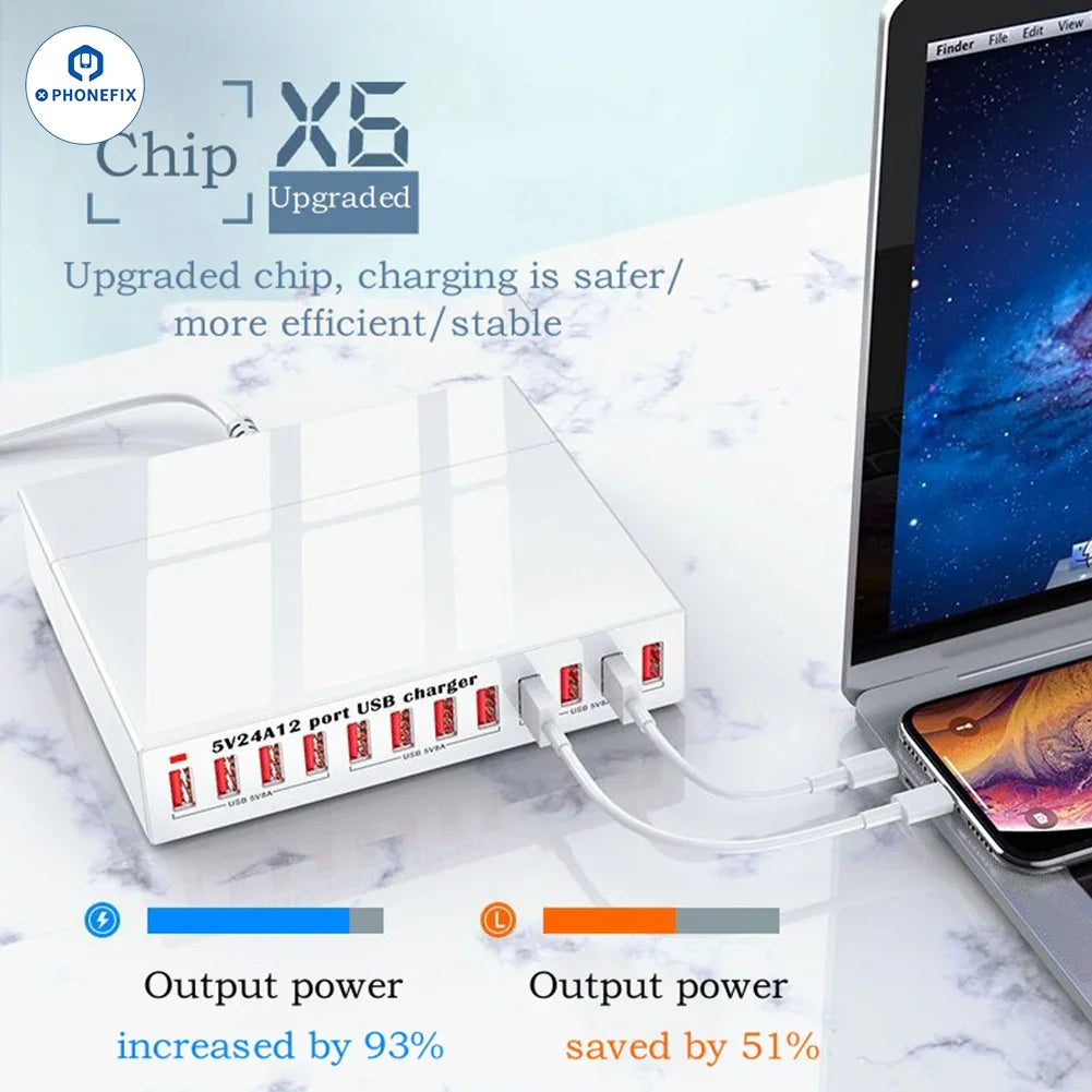 PhoneFIX 150W 12-port USB charger station for iPhone and iPad with multiple USB ports for fast charging.