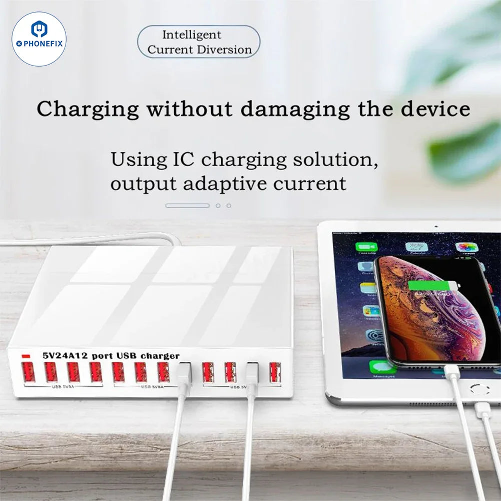 PhoneFIX 150W 12-port USB charger station with multiple iPhone and iPad charging ports, designed for fast charging.