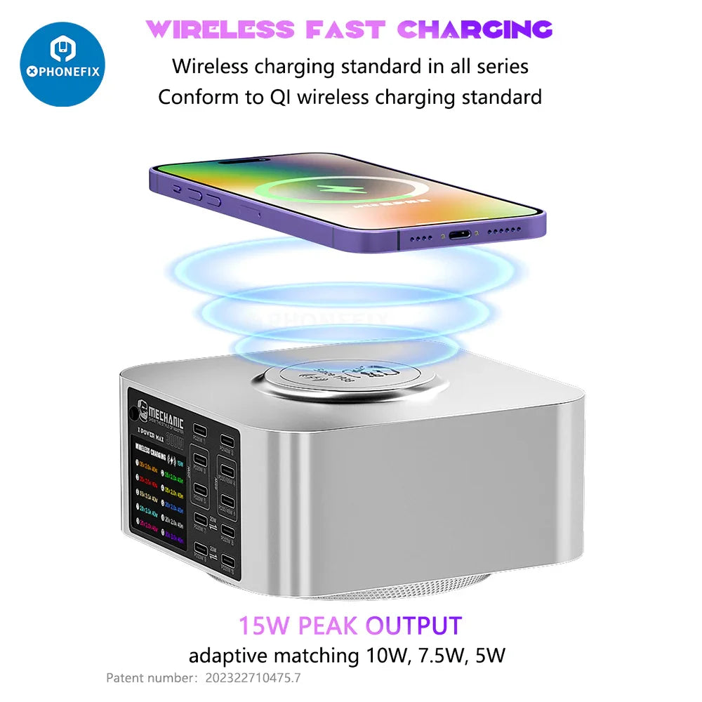 PHONEFIX Mechanic Desktop Superfast Charging Station X-POWER Plus Max with multiple USB ports for fast phone charging on a workspace