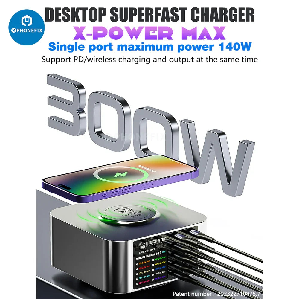 PHONEFIX Mechanic Desktop Superfast Charging Station X-POWER Plus Max for phone USB charging, with multiple ports and sleek design.