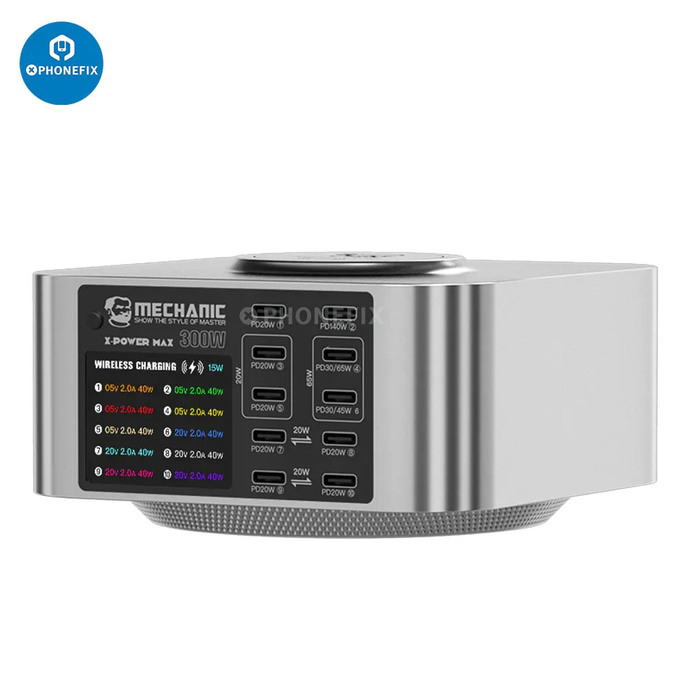 PHONEFIX Mechanic Desktop Superfast Charging Station X-POWER Plus Max for phone USB charging with multiple ports and sleek design.