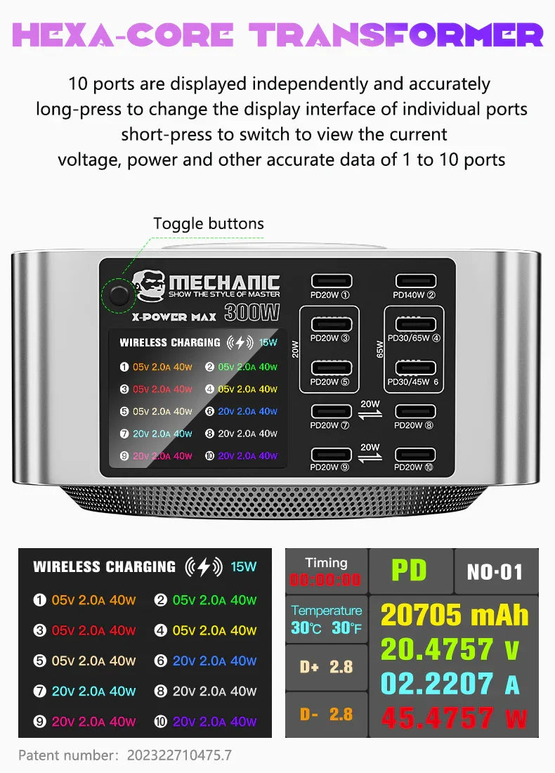 PHONEFIX Mechanic Desktop Superfast Charging Station X-POWER Plus Max for phone USB charging, with multiple ports and sleek design.