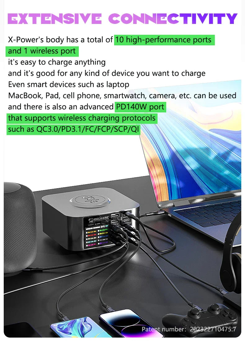 PHONEFIX Mechanic Desktop Superfast Charging Station X-POWER Plus Max with multiple USB ports for quick phone charging.