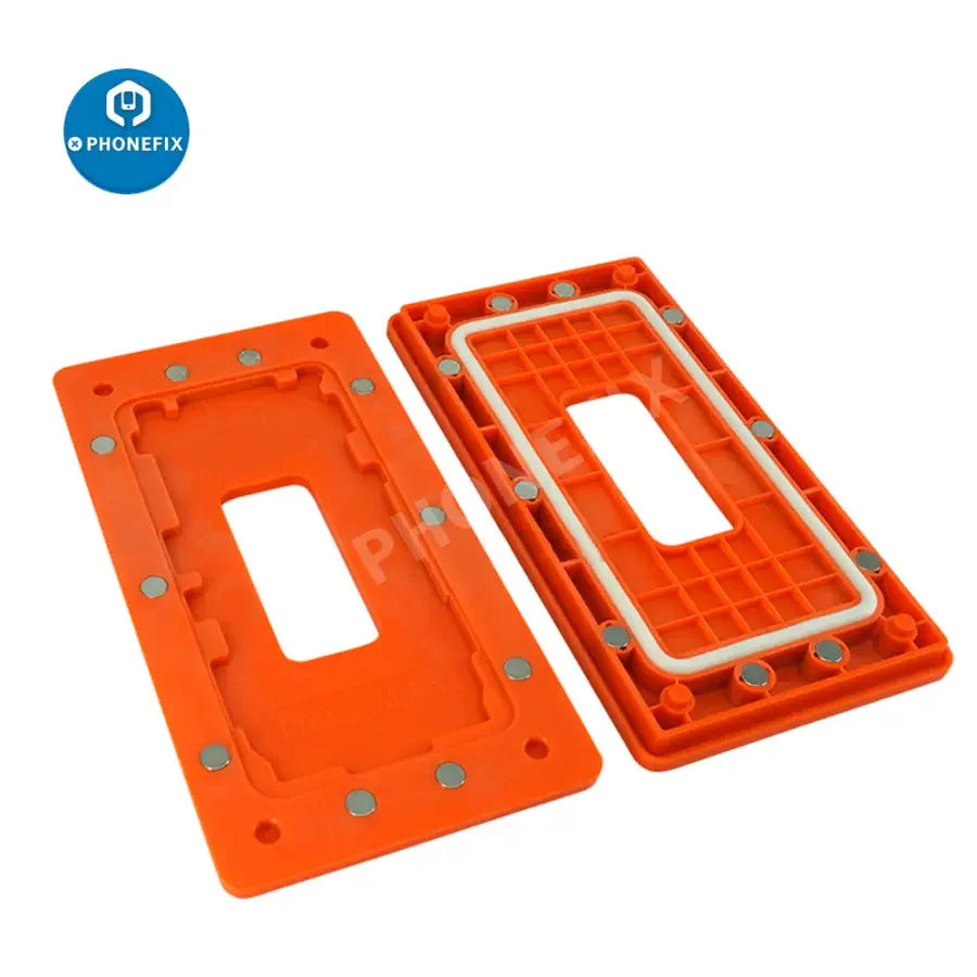PhoneFix magnet frame mold for iPhone X to 11 Pro Max LCD glass frame positioning, precise fixture for repair and assembly.