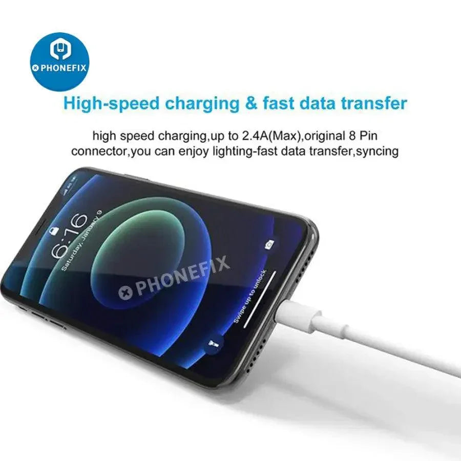 PhoneFix Lightning to USB cable for iPhone and iPad, MFi certified power charger, 1 meter long, durable and reliable charging cable.