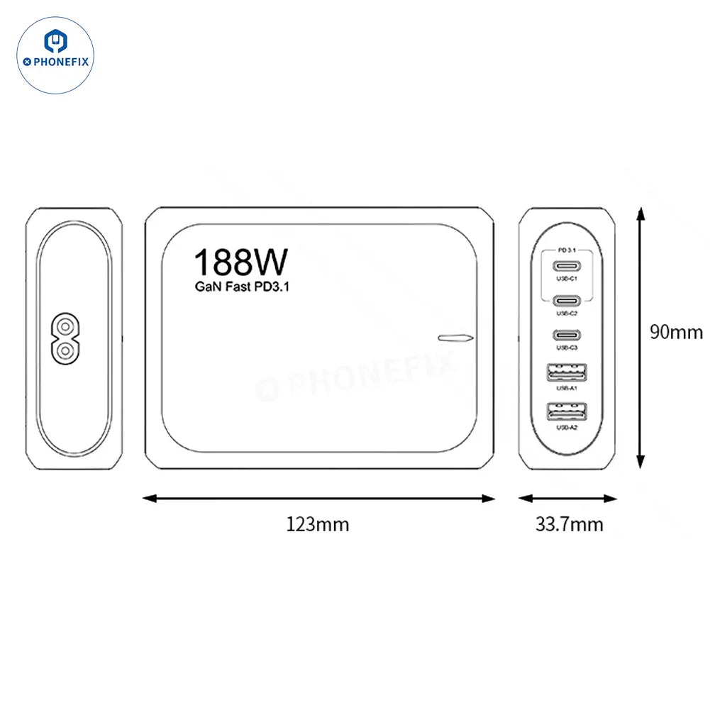 PHONEFIX 188W GaN charger for phones and laptops, fast PD3.1 charging station with power cables and multiple ports.