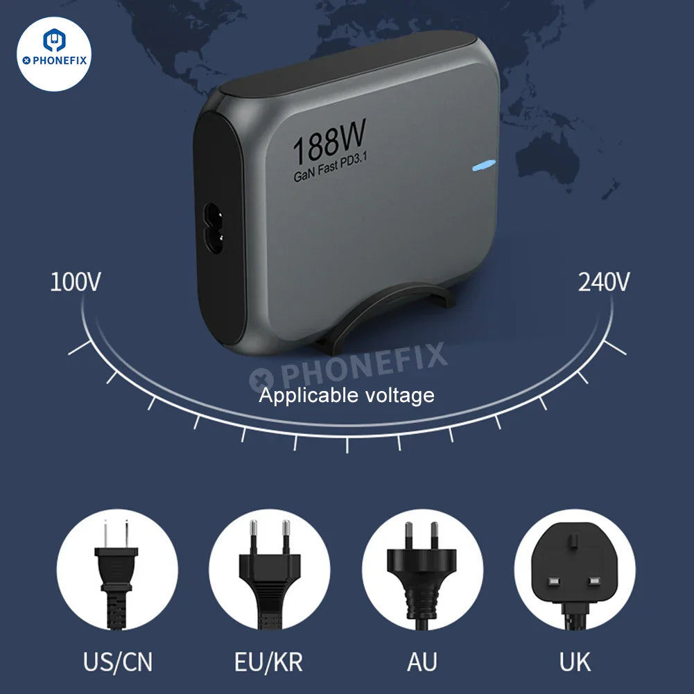 PHONEFIX 188W GaN charger for phones and laptops, PD3.1 fast charging station with power cables and USB-C ports.