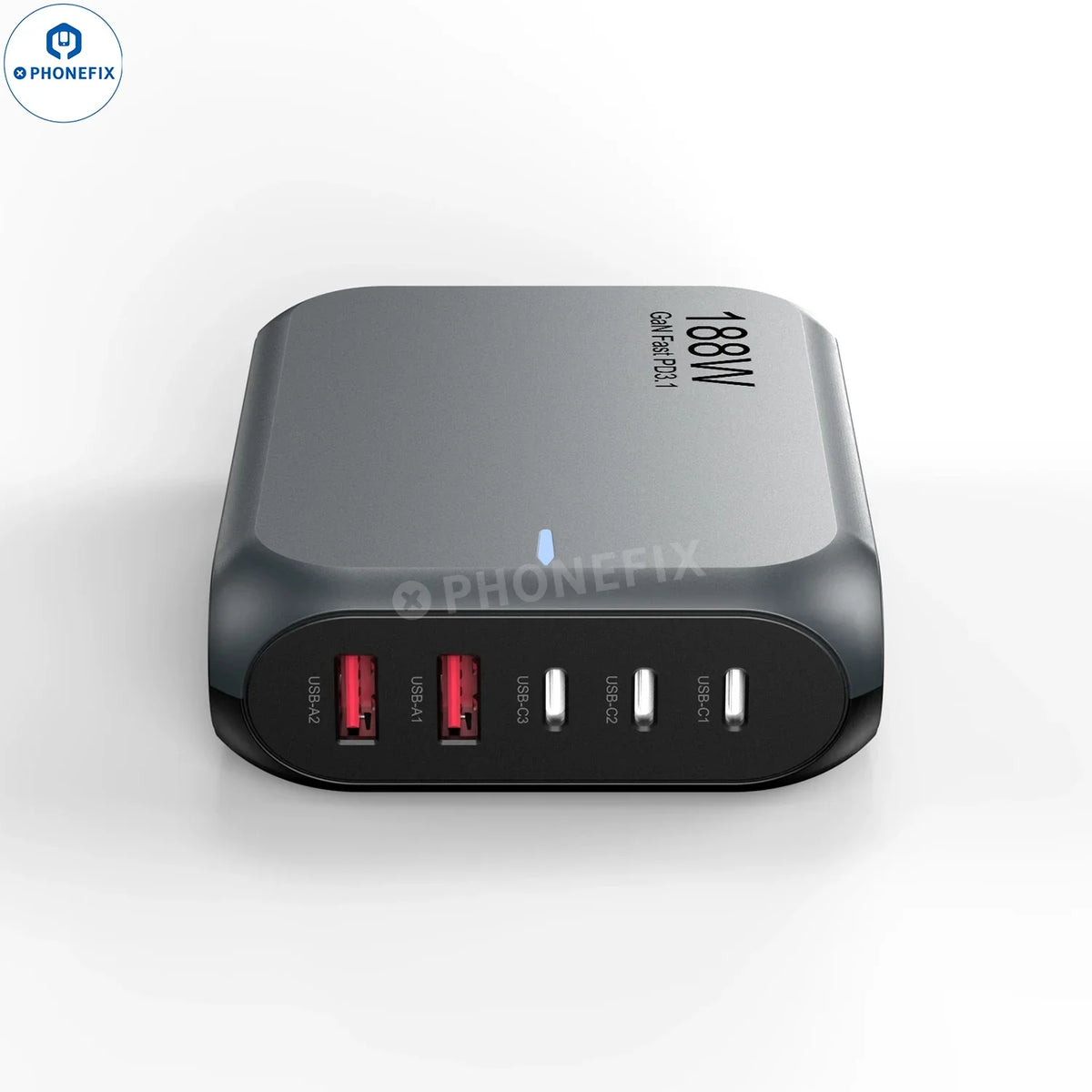 PhoneFix 188W GaN charger for phones and laptops with PD3.1 fast charging, compact power station with multiple ports.