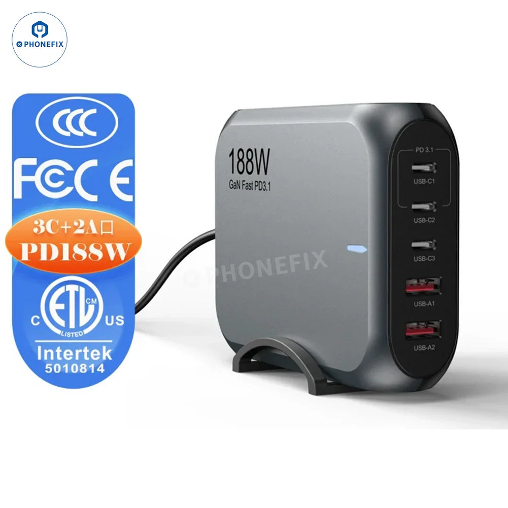 PHONEFIX 188W GaN charger with multiple ports for fast charging phones and laptops, compact power station with PD3.1 technology.