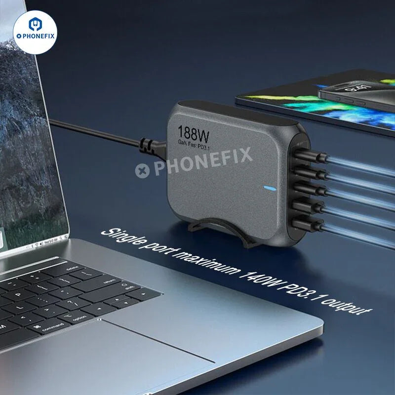 PhoneFix 188W GaN charger for phones and laptops, PD3.1 fast charging station with power cables and compact design.