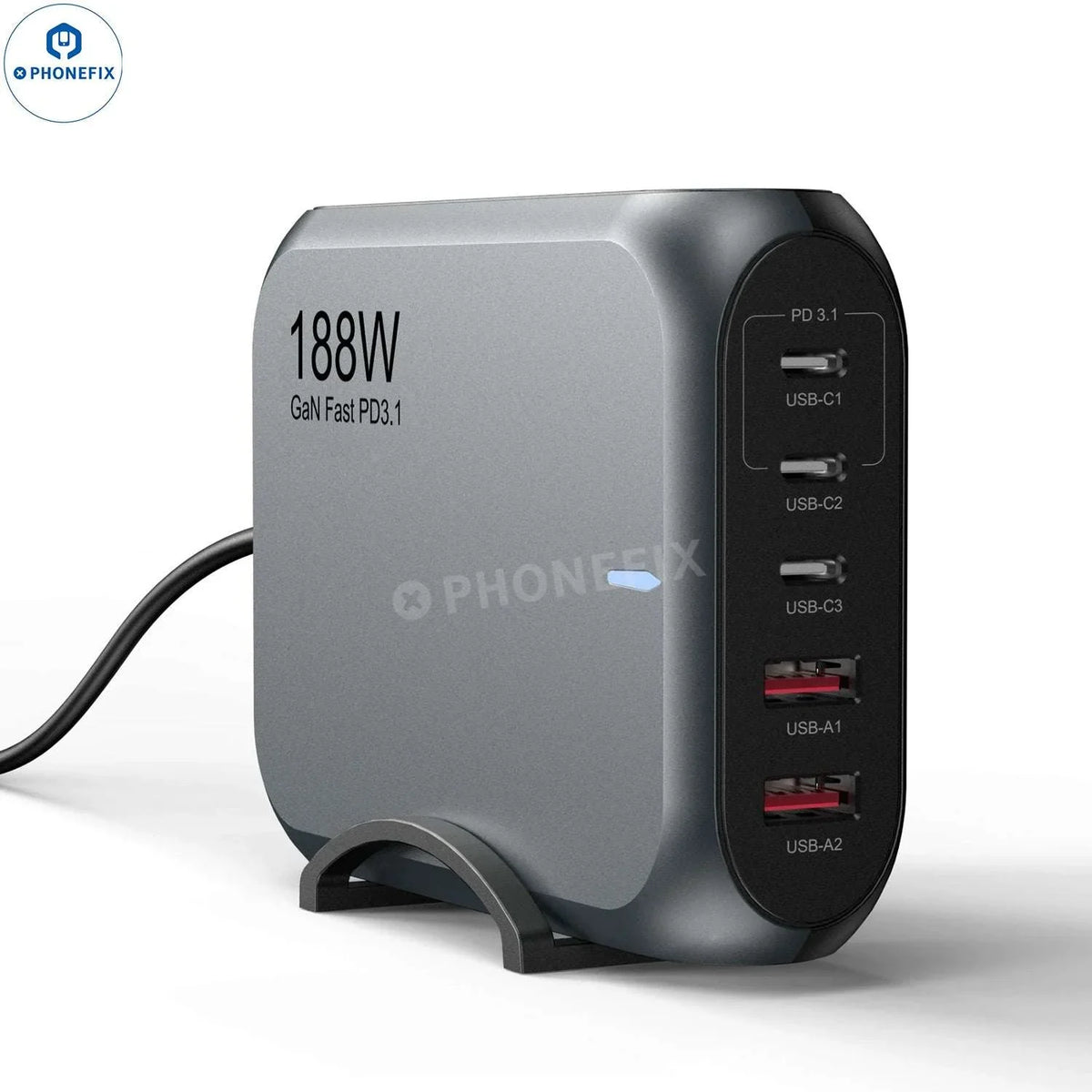 PhoneFix 188W GaN charger for phones and laptops, PD3.1 fast charging station with power cables and ports.
