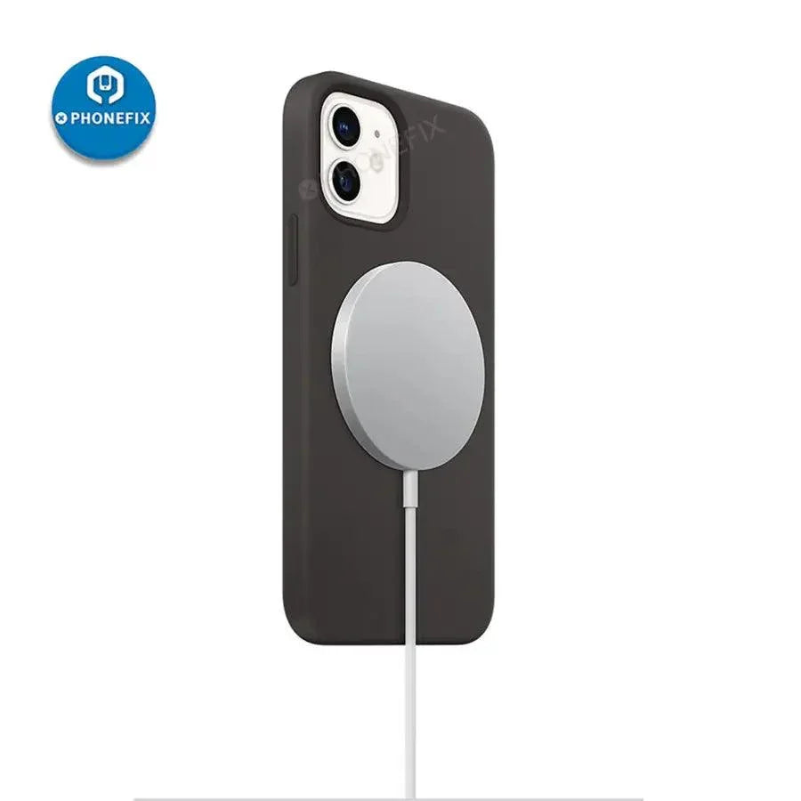 PHONEFIX 15W Magnetic MagSafe Wireless Charger for iPhone 12-15 Pro Max, showing the sleek charger attached to an iPhone.