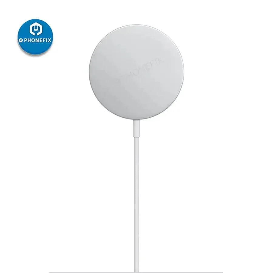 PhoneFix 15W Magnetic MagSafe Wireless Charger for iPhone 12-15 Pro Max, showing sleek design and magnetic attachment.