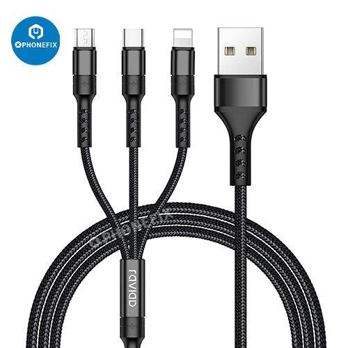 PHONEFIX 3-in-1 USB charging cable with Lightning, Type-C, and Micro USB connectors for versatile device charging.