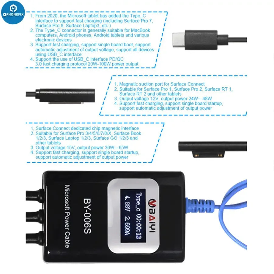 PHONEFIX BY-006S Microsoft Surface Laptop power cable, multi-function charger for Surface devices, with durable connector and cable.