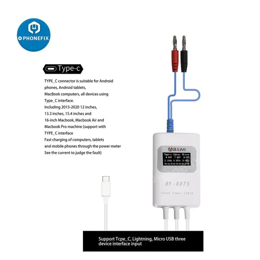 PHONEFIX BY-007S multi-function charging detection cable for Apple MacBook, showing a close-up of the power cable with USB-C connector