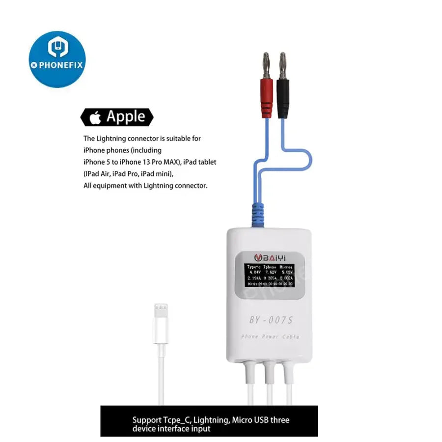 Phonefix BY-007S multi-function charging detection cable for Apple MacBook, shown connected to a MacBook with USB-C port.