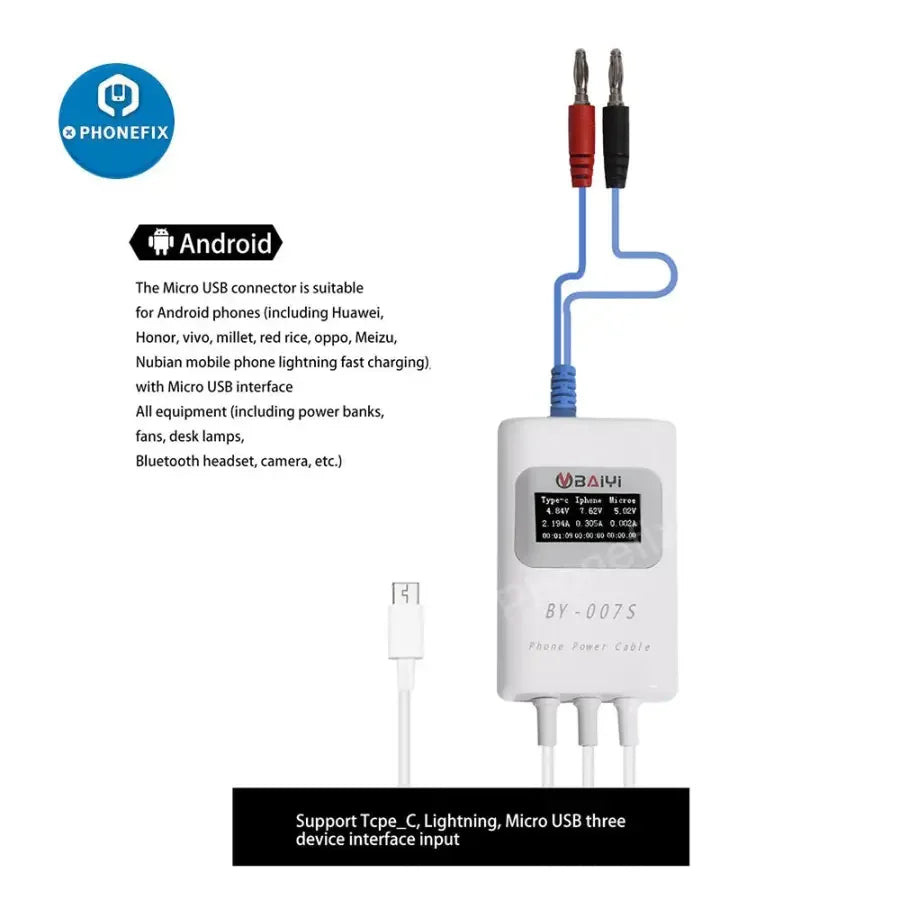 PhoneFix BY-007S multi-function charging detection cable for Apple MacBook, showing the black power cable with connector ends.