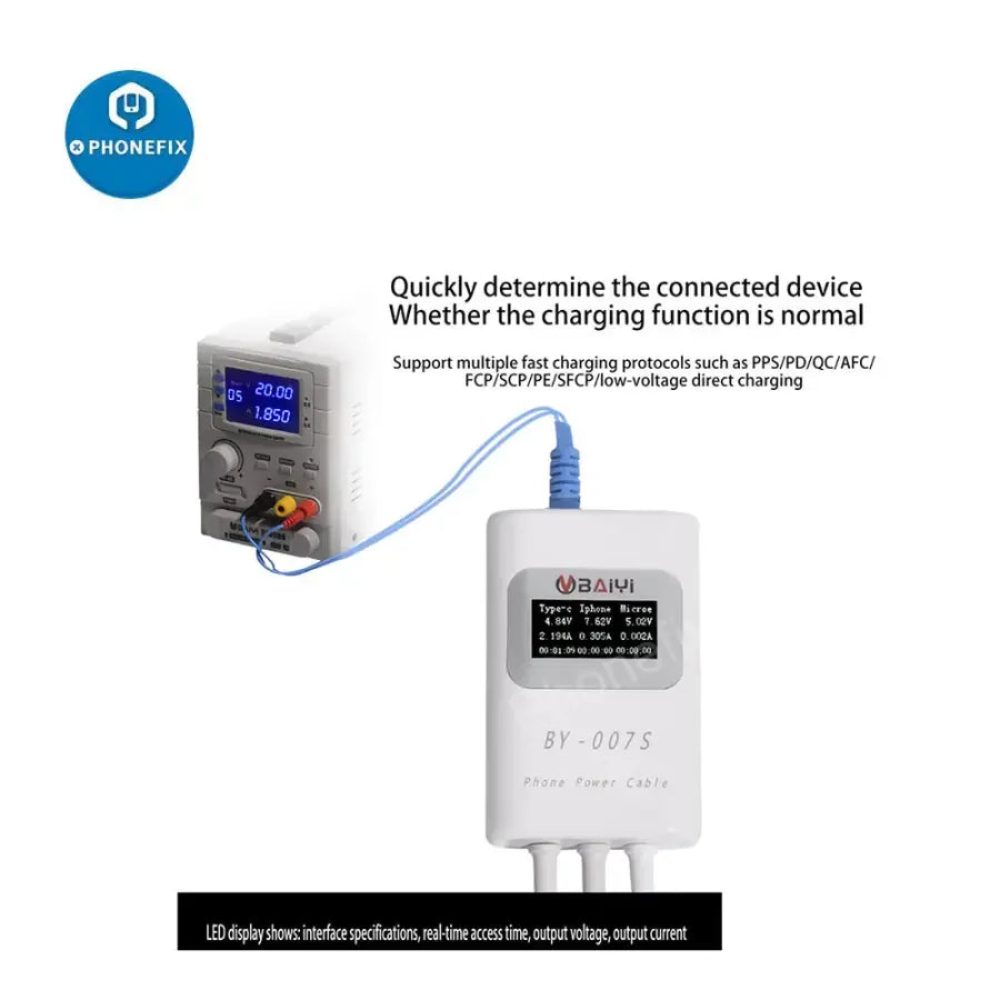 PHONEFIX BY-007S multi-function charging detection cable for Apple MacBook, showing USB-C connector and cable design.